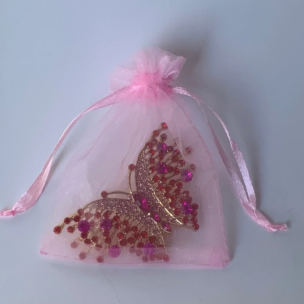 Large Sparkling Fuchsia & Red Crystal Butterfly Brooch Pin Gold Tone Gift Bag